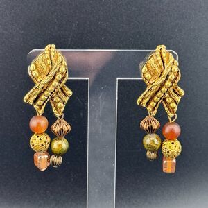 Vintage 1980s Kate Hines Gold-tone Clip-on Earrings Textured Ribbon & Beads